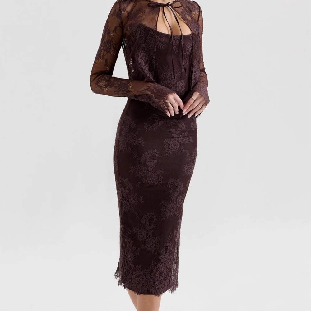 House of CB Lace Midi Dress in Deep Brown
